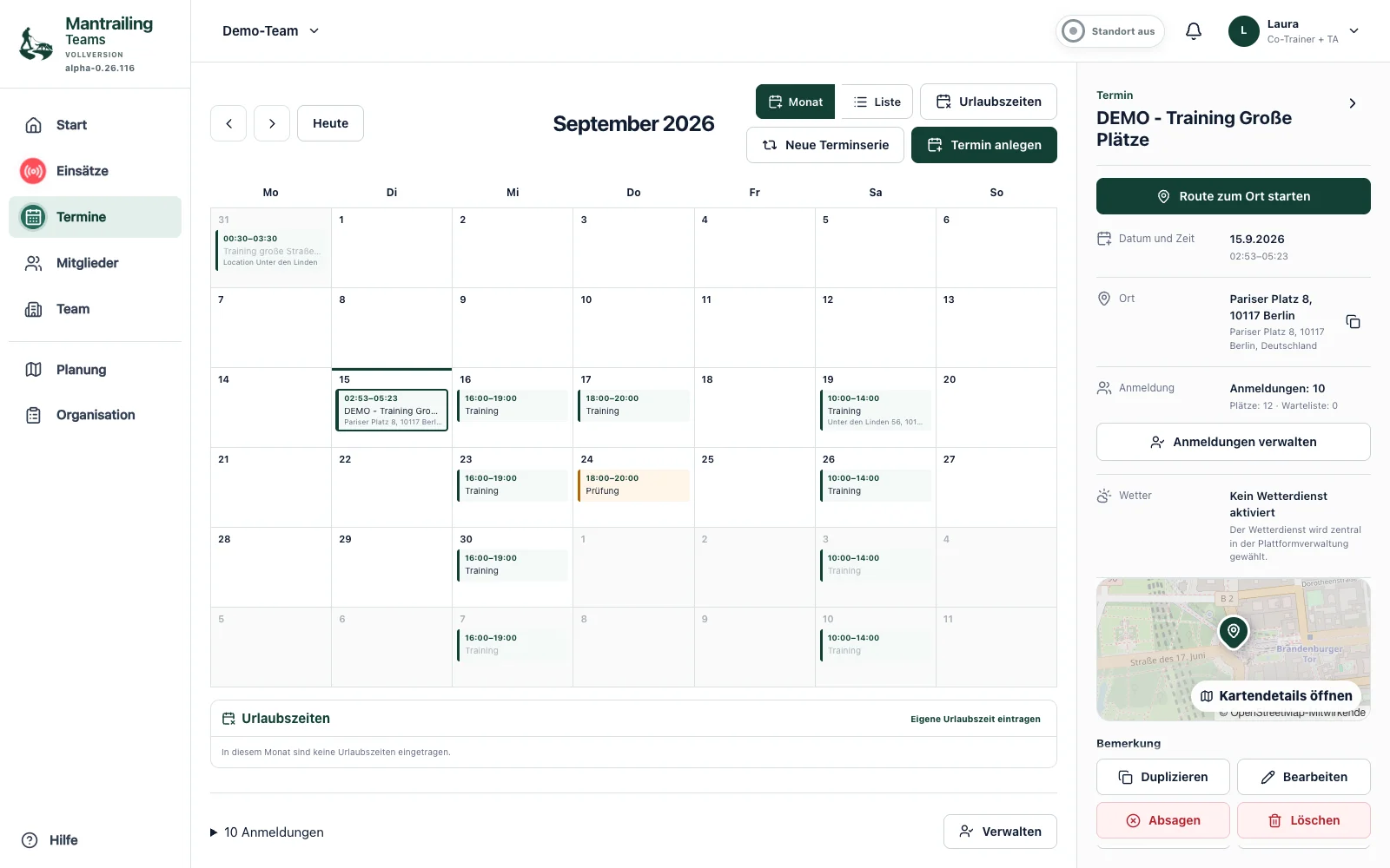 Kalender des Demo-Teams mit Berliner Trainingsterminen und geöffnetem Demo-Termin