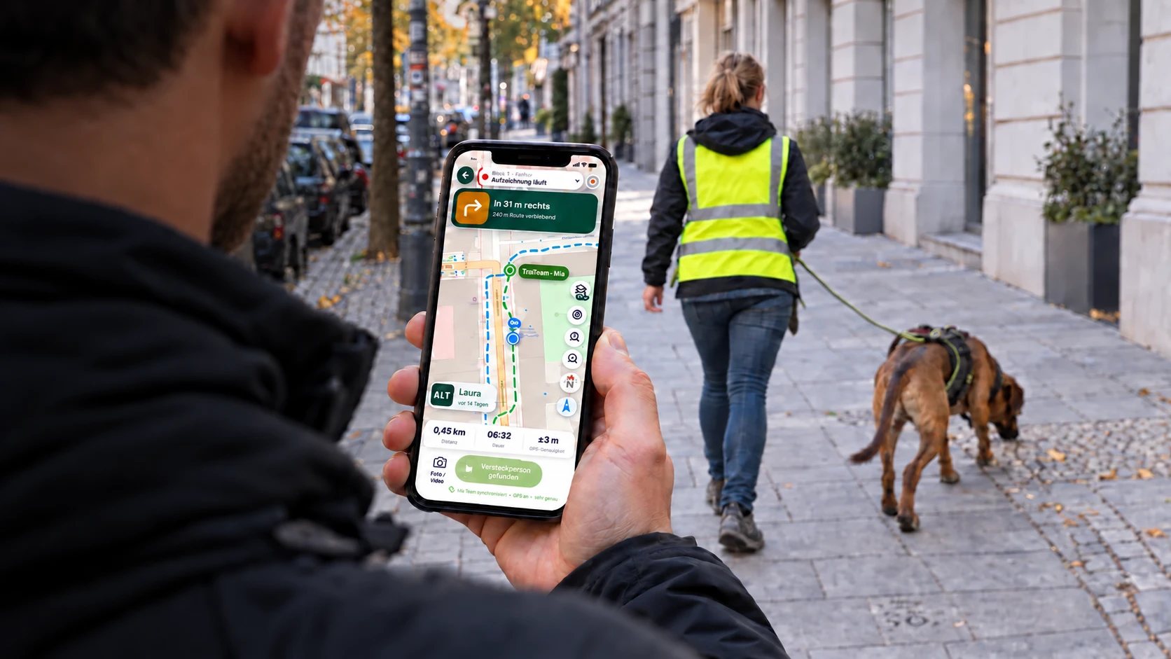 Über die Schulter eines Flankers: Die App zeigt den Einsatz, vor ihm laufen eine Trailerin mit gelber Warnweste und ihr Hund durch Berlin.