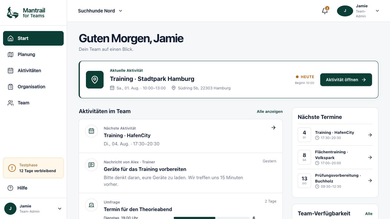Teamübersicht und Termine in Mantrail for Teams