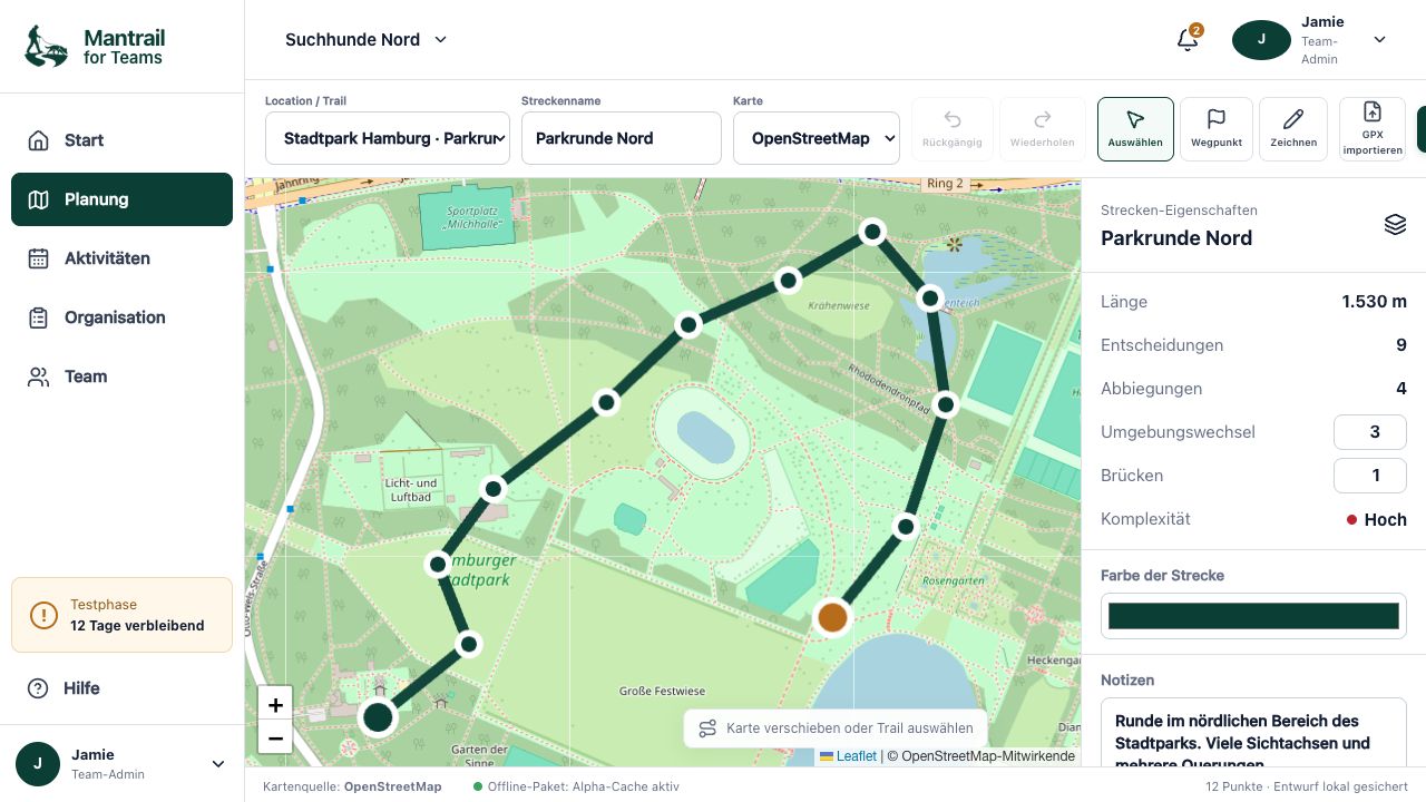 Trailplanung in Mantrail for Teams