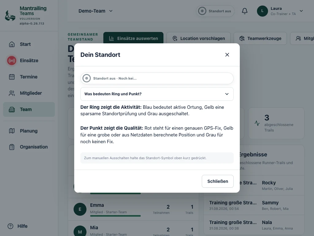 Standortanzeige und Hinweise in der App.