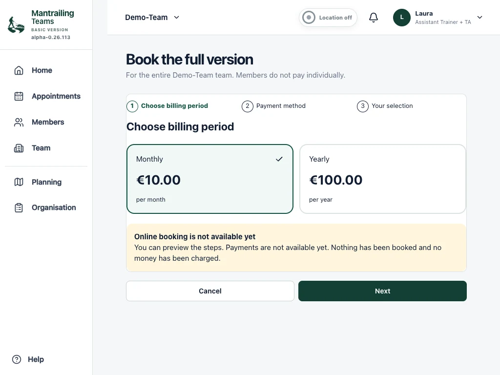 Booking preview, including the notice that checkout is not yet available.