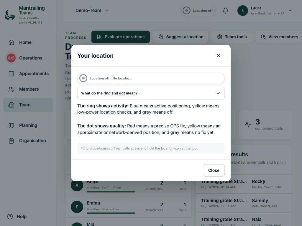 Location indicator and information in the app.