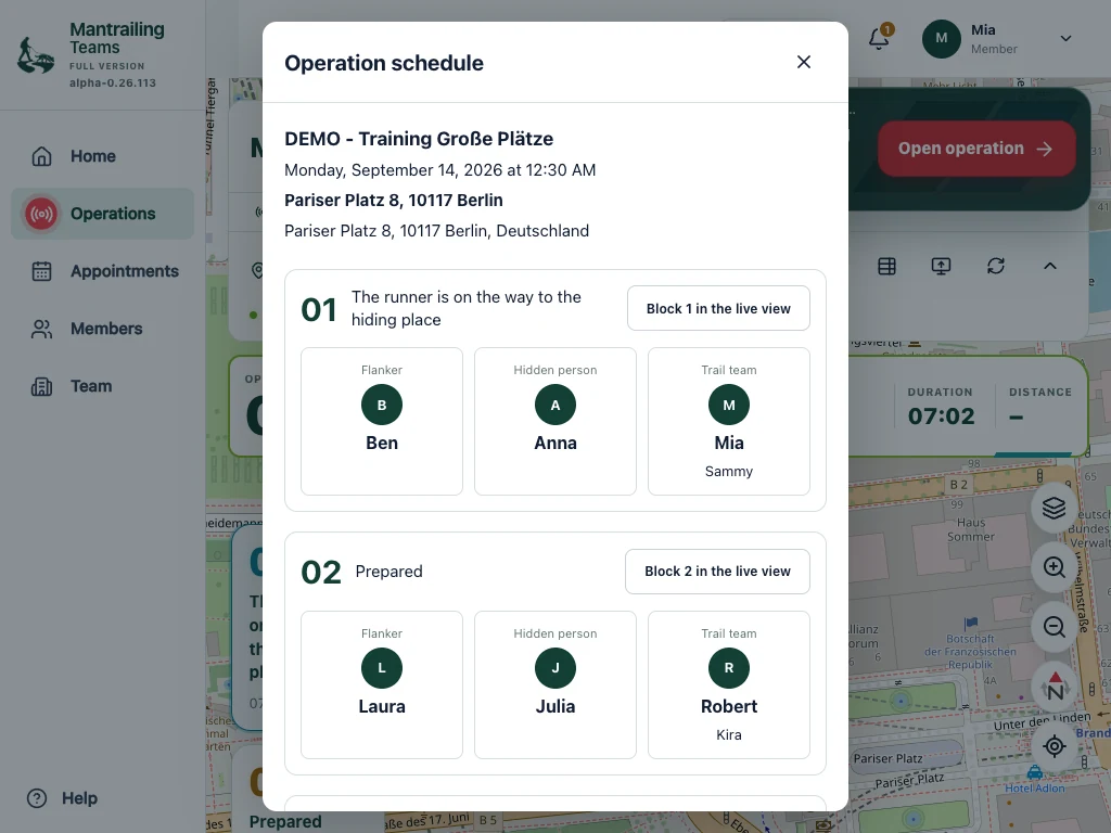 The Berlin Demo-Team operation schedule: Mia finds her assignment with Sammy in block 1, followed by the other blocks.