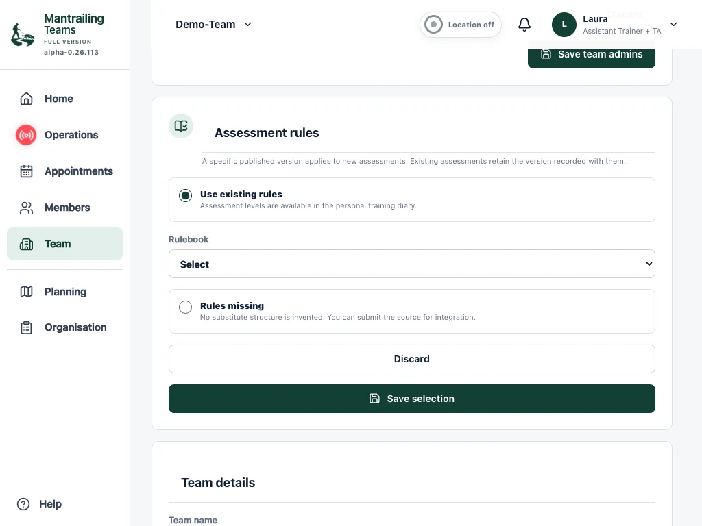 Selecting a rulebook in Team settings.