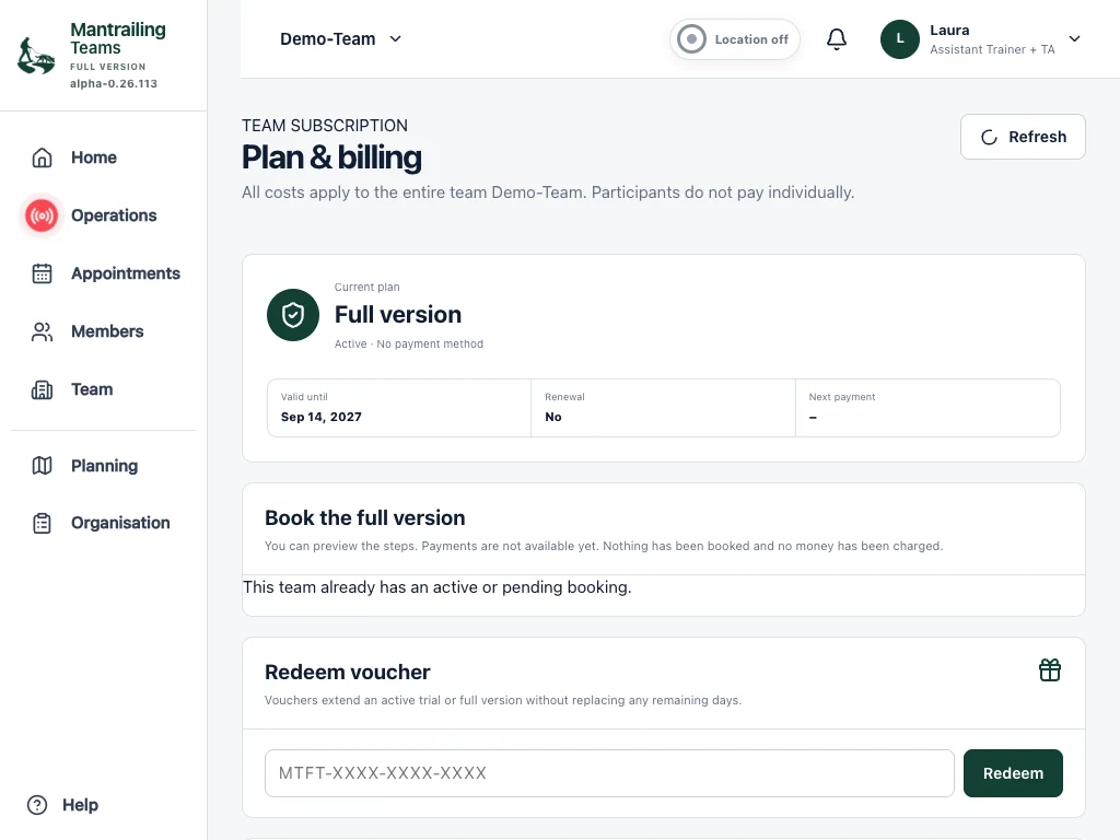 Subscription management shows your plan, term and administration options.